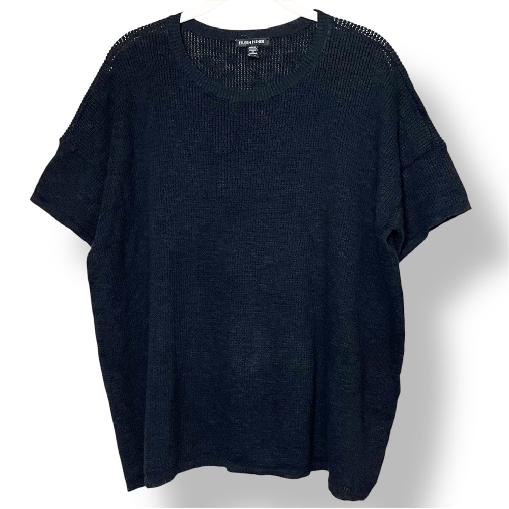 Eileen Fisher Black Knit Short Sleeve Top Large boxy sweater‎ linen cotton